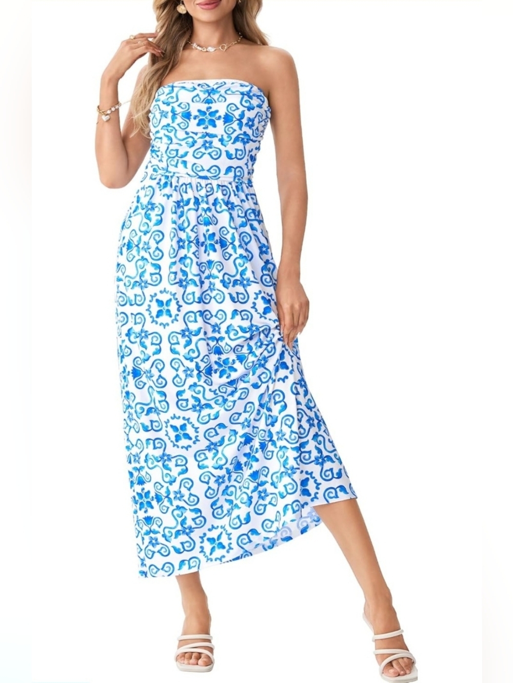 Strapless Blue White Floral Maxi Dress Size 12 Boho Summer Vacation Beach